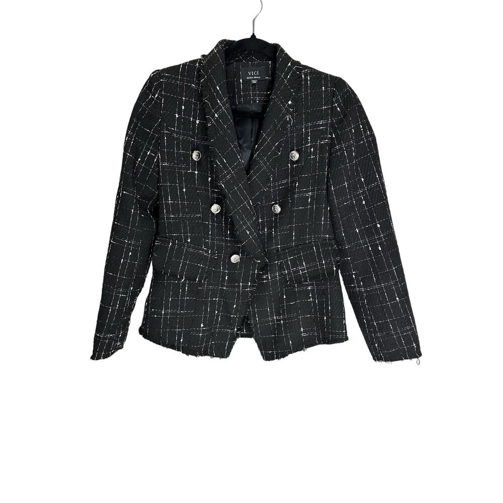 VICI Women's Black/White Tweed Fringe Hem One Button Blazer